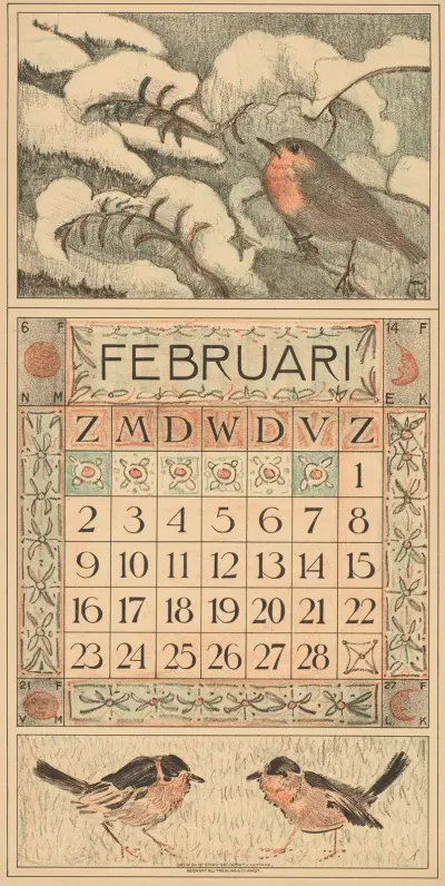 Kalenderblad för februari 1913 med en rödhake på en snötäckt trädgren av Theo van Hoytema