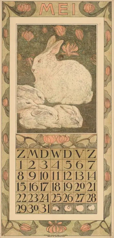 Kalenderblad för maj 1910 med en vit kanin och fyra ungar av Theo van Hoytema