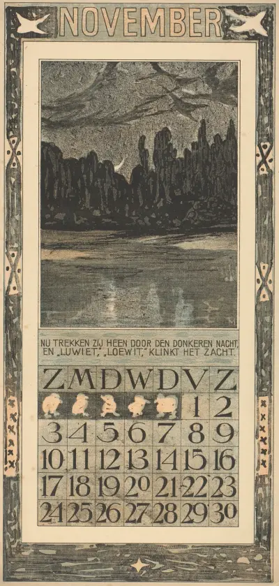 Kalenderblad för november 1907 med flyttfåglar i nattlandskap av Theo van Hoytema