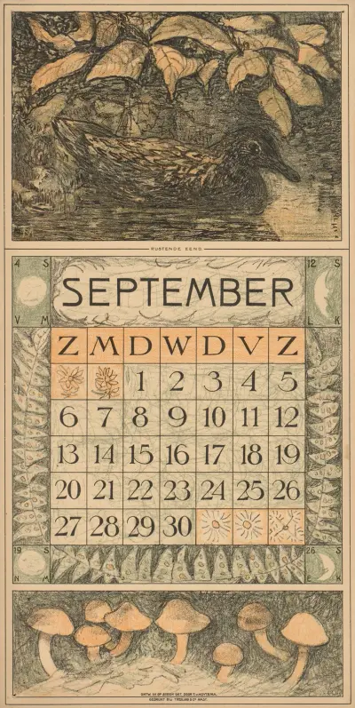Kalenderblad för september 1914 med en and på vattnet av Theo van Hoytema