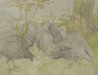 Kalkoenen in een tuin av Theo van Hoytema