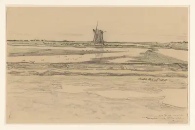 Landskap med poldermöllan Het Noorden i poldern Het Noorden på Texel av Theo van Hoytema