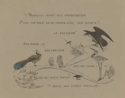 Textblad med bland annat påfågel, ugglor, häger och rovfågel av Theo van Hoytema