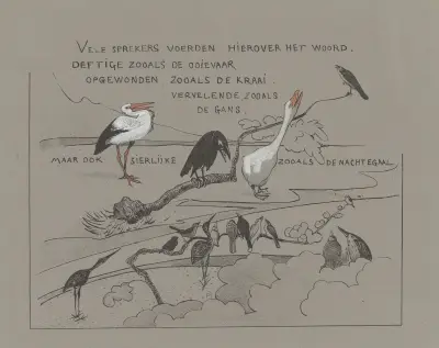 Textblad med fåglar, bland annat rördrom, gås, stork och kråka av Theo van Hoytema
