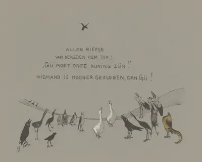 Från marken tittar en grupp fåglar upp mot en jagande örn av Theo van Hoytema