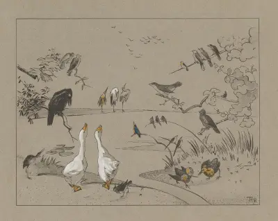 Verschillende vogelsoorten rond een vijver av Theo van Hoytema