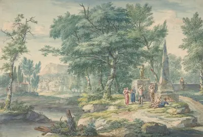 Arkadiskt landskap med musikspelande figurer av Jan van Huysum