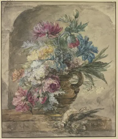 Blumenbouquet, dabei ein toter Vogel av Jan van Huysum