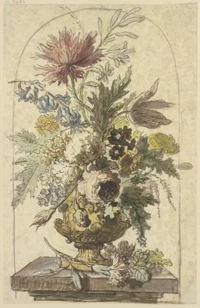 Blumenbouquet in einer Vase, vorne liegt eine Nelke av Jan van Huysum