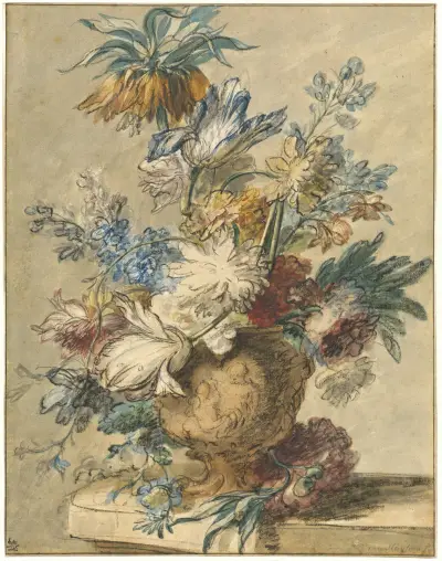 Bukett av vårblommor i terrakottavas av Jan van Huysum