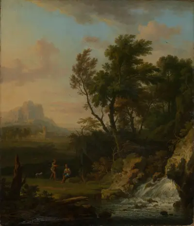 Italienische Landschaft mit Wasserfall und rastenden Hirten av Jan van Huysum