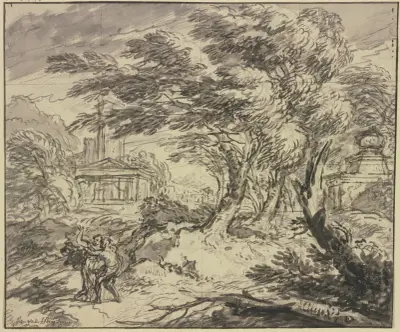 Landscape with ancient temple in a storm av Jan van Huysum