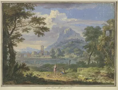 Landschaft mit einer italienischen Stadt bei einem hohen Berg, rechts die Ruine eines Tempels, im Vordergrund zwei Figuren und ein Hund av Jan van Huysum