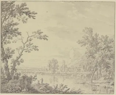 Landschaft mit einer Stadt am Wasser av Jan van Huysum