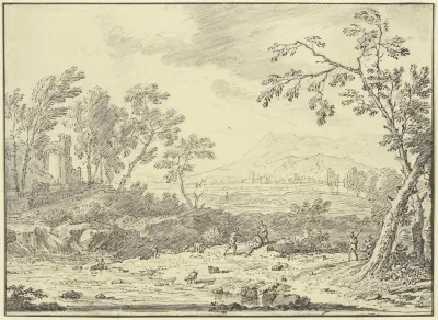 Landschaft mit Ruinen, vorne ein Hirte bei Schafen av Jan van Huysum