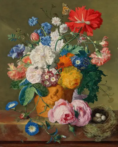 Rosor och andra blommor i terrakottavas med fågelbo på marmorkant av Jan van Huysum
