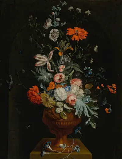 Stilleben med blommor i terrakottavas framför en stennisch av Jan van Huysum