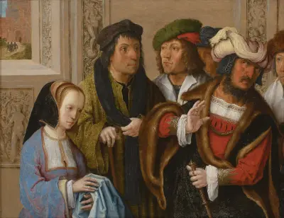 Potiphar’s wife shows her husband Joseph’s cloak. In the background; Joseph being taken to prison av Lucas Van Leyden