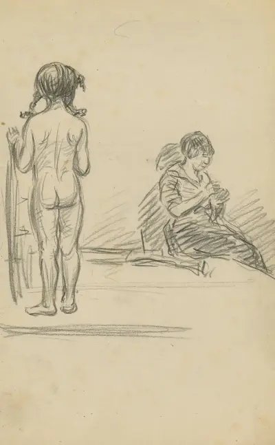 Aan de linkerkant ziet men een naakt meisje op haar achterkant en rechts ziet men een zittende vrouw. av Eugeen Van Mieghem