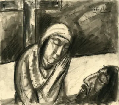 Aan de rechterkant ziet men het hoofd van Jezus en in het midden een vrouw die wenend is aan het bidden av Eugeen Van Mieghem