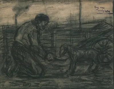 En man ger mat åt en hund av Eugeen Van Mieghem