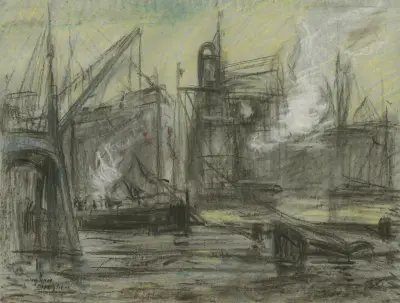 Haventafereel met een kraan, graanzuiger en schepen av Eugeen Van Mieghem