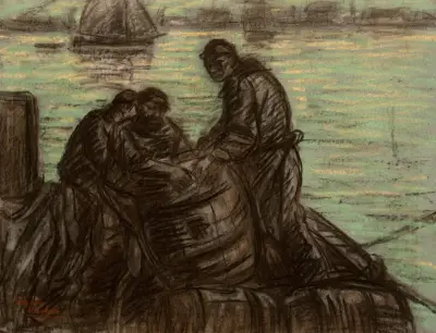 Lossning av tunnor på en båt av Eugeen Van Mieghem