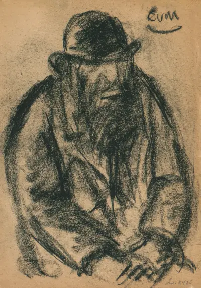 Portret van een zittende man met baard en hoed in vooraanzicht. Handen in schoot gevouwen. av Eugeen Van Mieghem