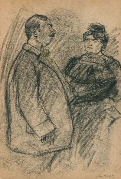 Staande man met snor links in profiel, hoofd naar vrouw rechts van hem gericht. Vrouw in vooraanzicht. av Eugeen Van Mieghem