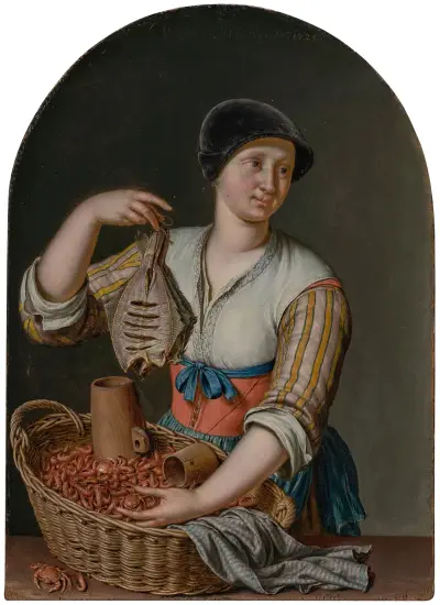 Eine Frau, die Fisch und Garnelen verkauft von Willem Van Mieris