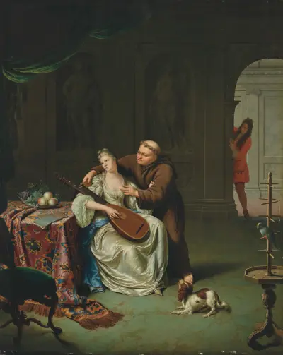 Tartuffe i Elmira zaskoczeni przez Damisa, syna Orgona, Willem Van Mieris