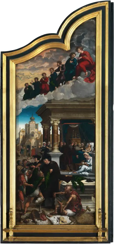 Three Acts of Mercy; Clothing the Naked, Liberating the Imprisoned and Feeding the Hungry av Bernard van Orley
