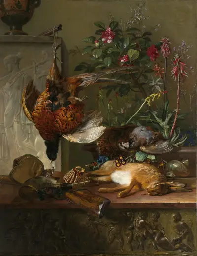 Stilleven met jachtbuit en Griekse stèle; allegorie op de herfst av Georgius Jacobus Johannes van Os