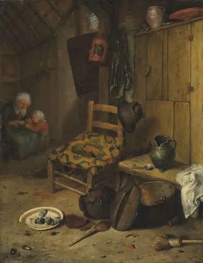 A kitchen interior with a mother and child av Adriaen van Ostade