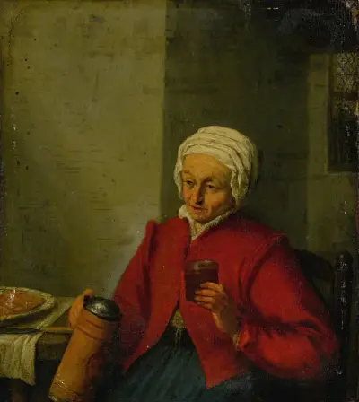 A woman holding a jug and a cup av Adriaen van Ostade