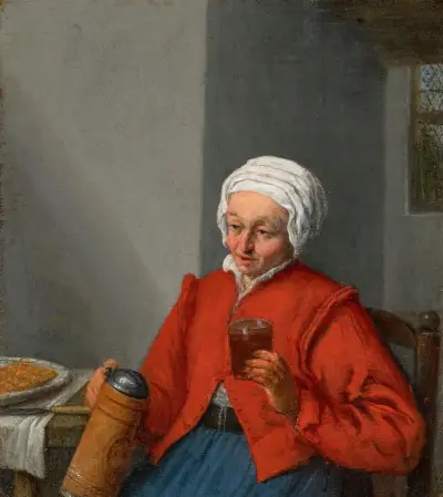 A woman holding a jug and a glass of beer, in an interior av Adriaen van Ostade