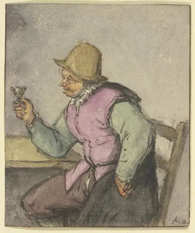 An einem Tisch sitzender Bauer mit Glas, nach links av Adriaen van Ostade