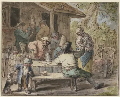 Bauern mit Kindern vor einem Haus av Adriaen van Ostade