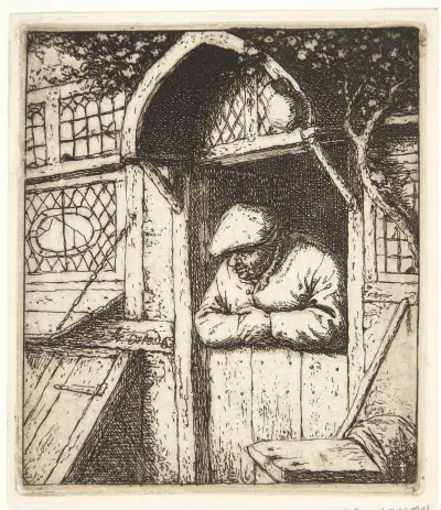 Farmer leaning out of a doorway av Adriaen van Ostade
