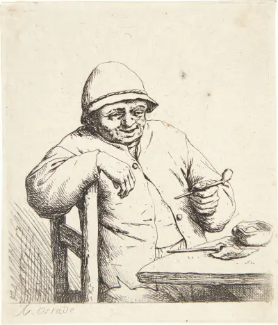 Farmer, sitting at a table with a pipe in his hand av Adriaen van Ostade