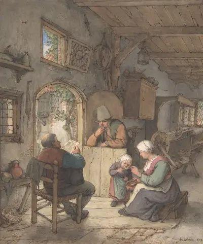 Reading the News at the Weavers’ Cottage av Adriaen van Ostade