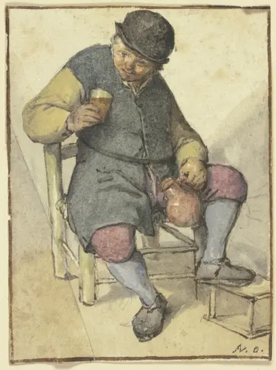 Sitzender Bauer von vorn, mit Krug und Glas av Adriaen van Ostade