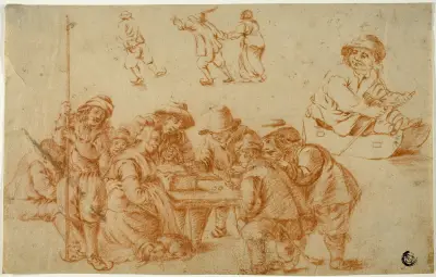 Sketches of Peasants Playing Dice and Skating; Sketch of Boy on Sled av Adriaen van Ostade
