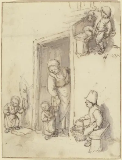 Studienblatt; Eine Mutter und ihre Tochter in der Haustür, ein Mädchen an der Hand der Mutter, und zwei sitzende Jungen, Adriaen van Ostade