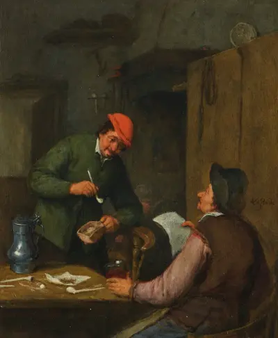 Two peasants smoking, drinking and reading at an inn av Adriaen van Ostade