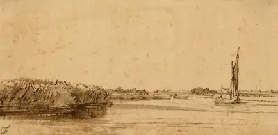 A Sailing Boat on a Wide Expanse of Water av Rembrandt van Rijn