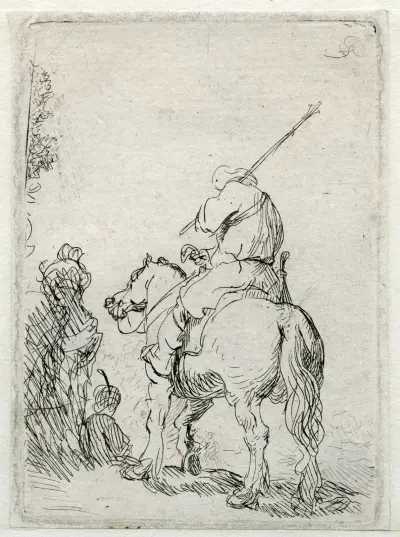 A Turbanded Soldier on Horseback av Rembrandt van Rijn