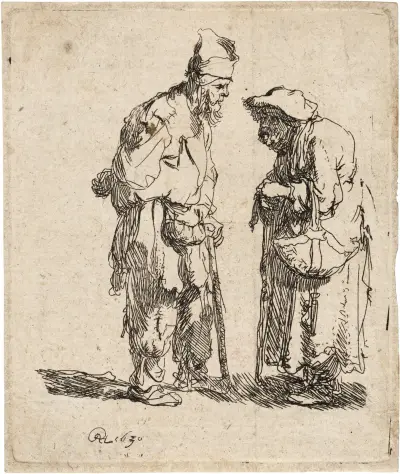Beggar Man and Beggar Woman conversing av Rembrandt van Rijn
