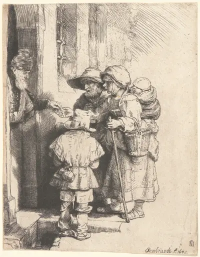 Beggars Receiving Alms at the Door of a House av Rembrandt van Rijn