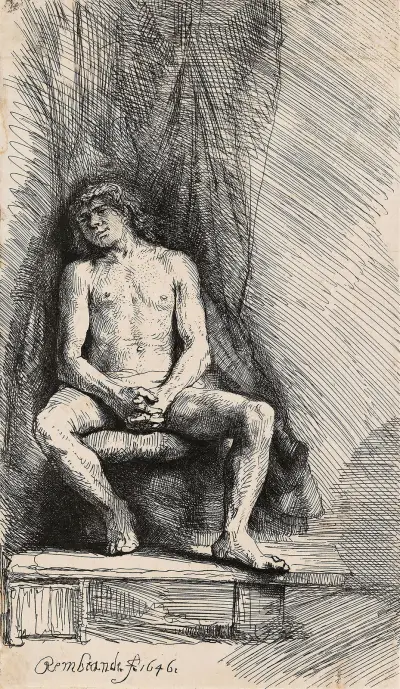 Nude Man Seated before a Curtain av Rembrandt van Rijn